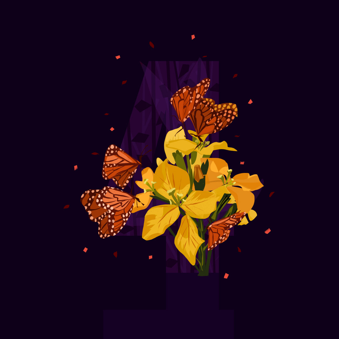 4 includes - Flora- Western Wallflower, a 4-petal flower. Fauna- Butterflies, as they have 4 stages in their life cycle. These four stages are the egg, the larvae, the pupa, and the adult.
