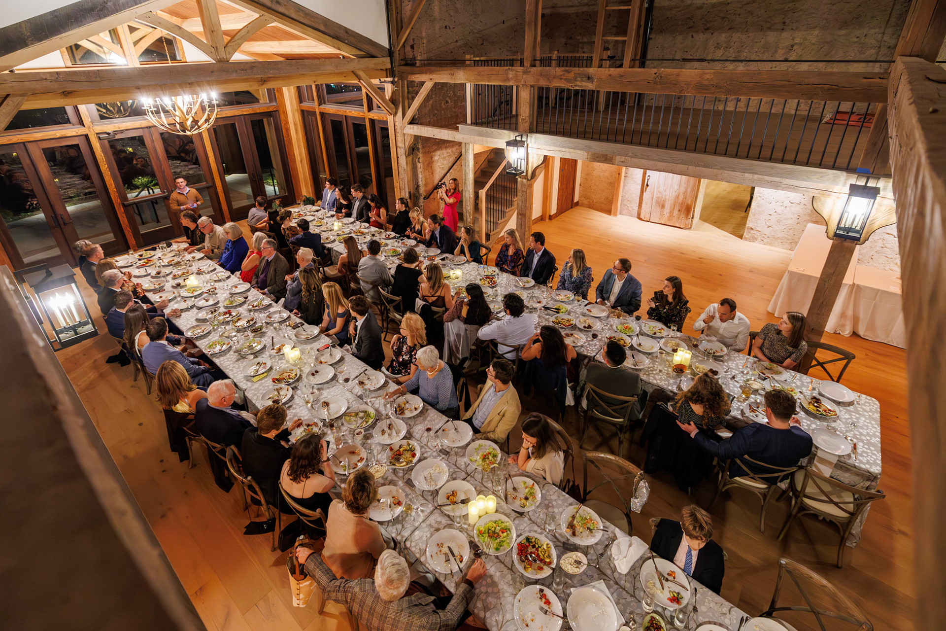 Northridge Upper Barn set for 65 Person Dinner - viewed from Mezzanine