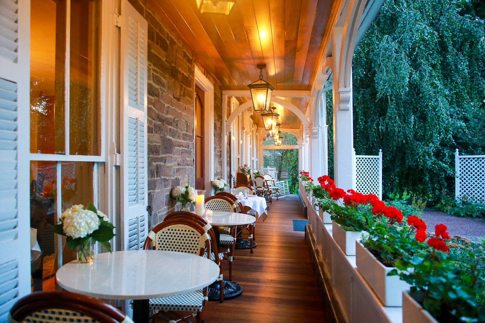The restored circa 1792 front veranda of The Woolverton Inn