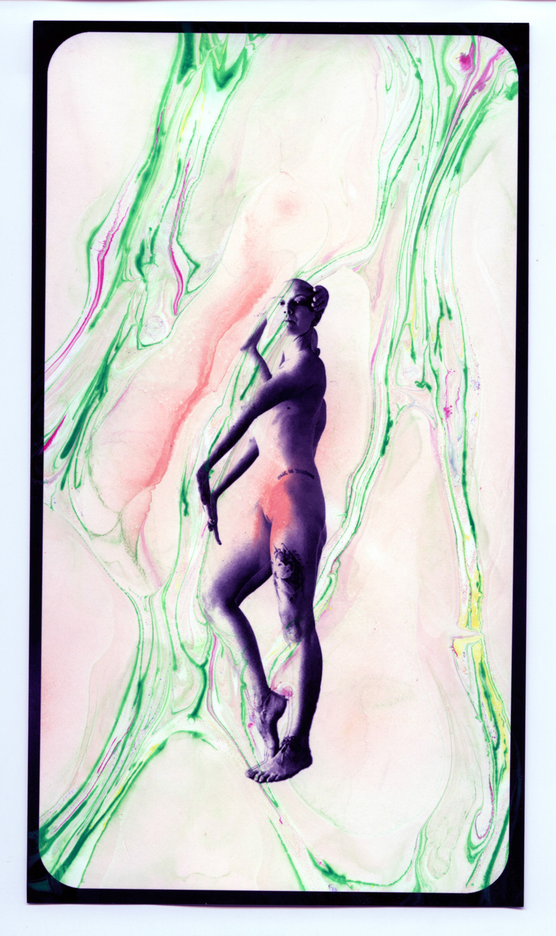 Pain Vogue/Cancer Realness. Hand dipped acrylic monoprint, inkjet photo on rag paper. 6x10 inches.