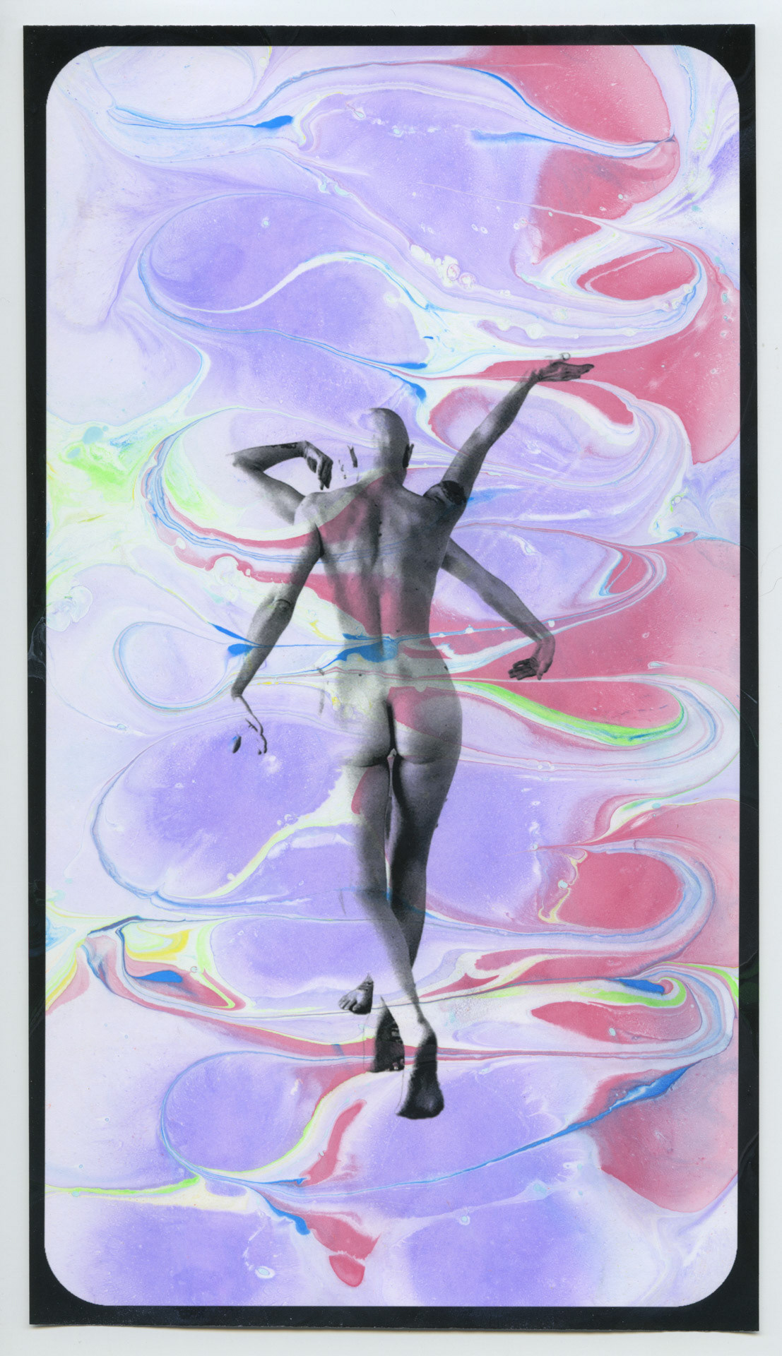 Pain Vogue/Cancer Realness. Hand dipped acrylic monoprint, inkjet photo on rag paper. 6x10 inches.