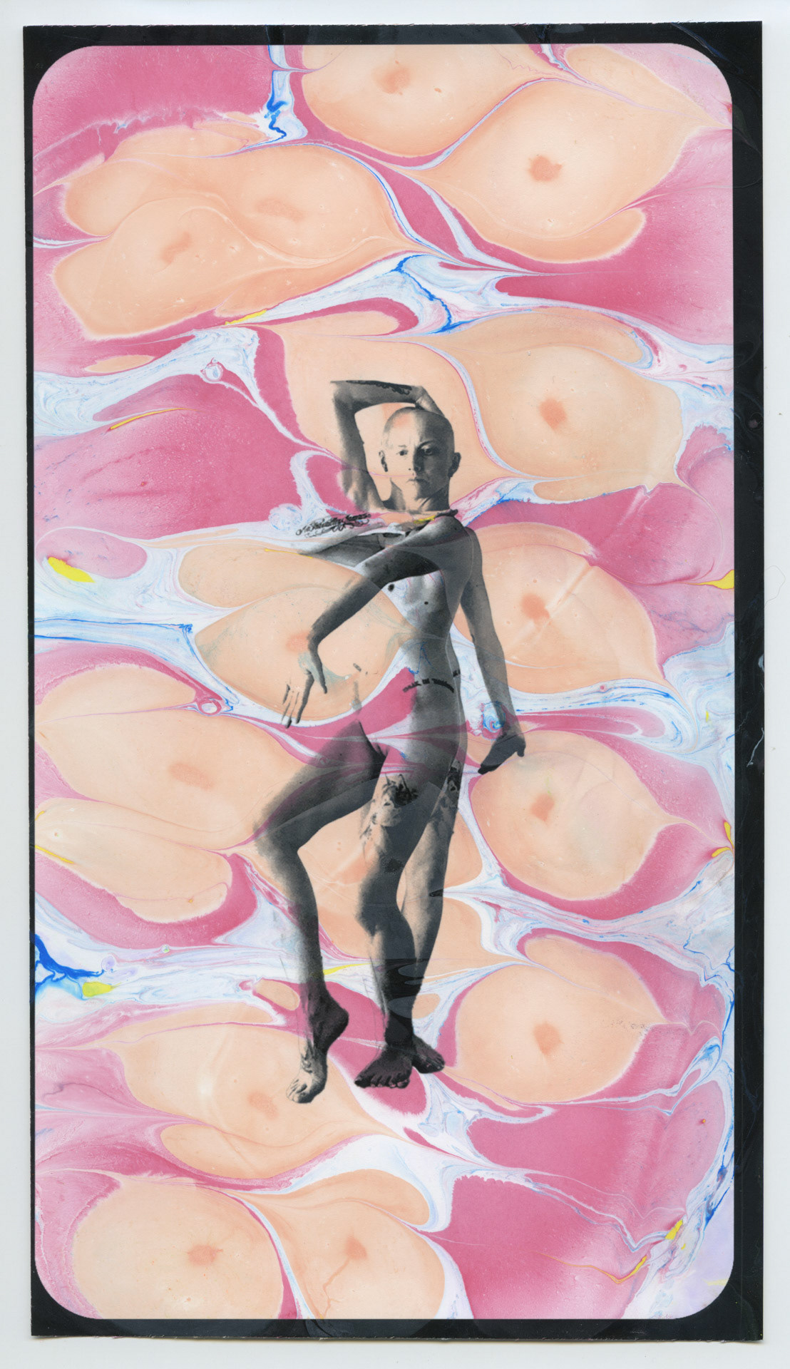 Pain Vogue/Cancer Realness. Hand dipped acrylic monoprint, inkjet photo on rag paper. 6x10 inches.