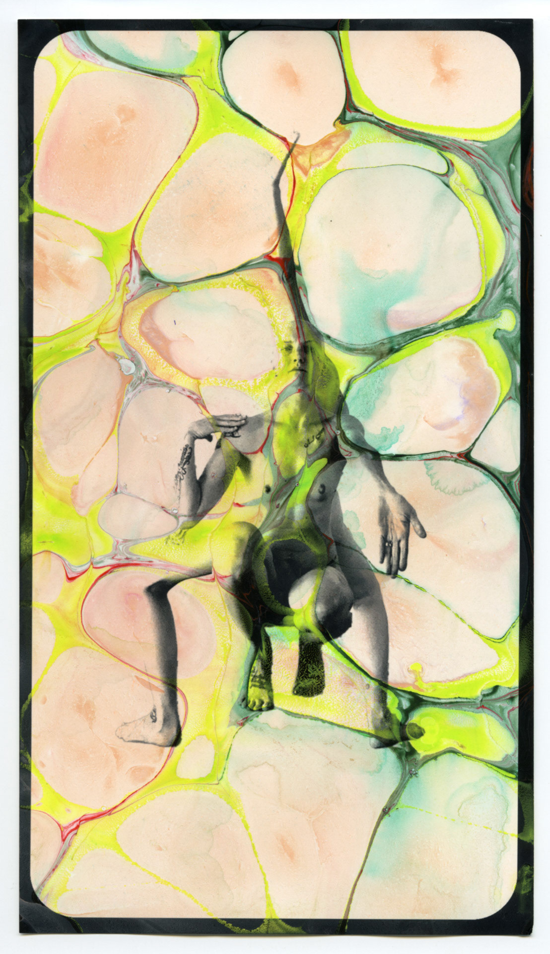 Pain Vogue/Cancer Realness. Hand dipped acrylic monoprint, inkjet photo on rag paper. 6x10 inches.