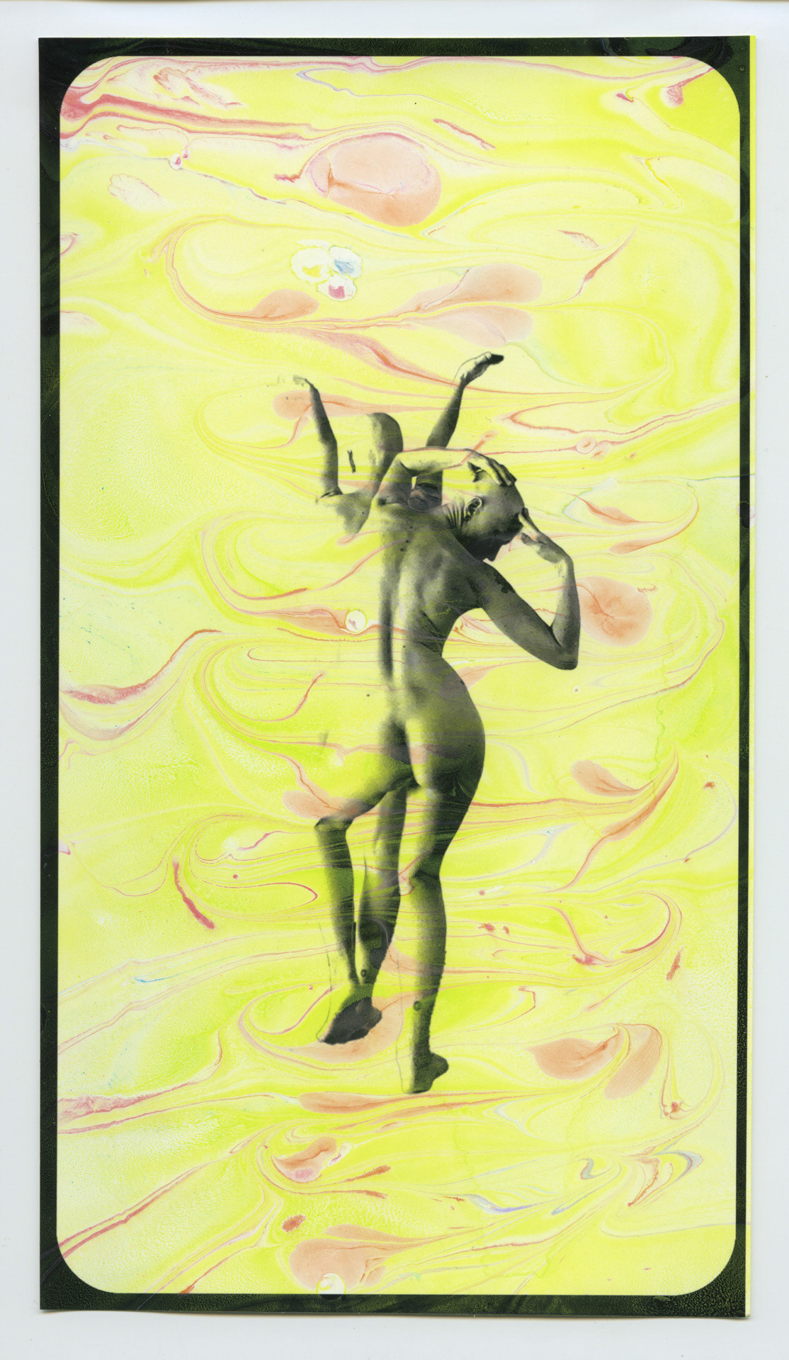Pain Vogue/Cancer Realness. Hand dipped acrylic monoprint, inkjet photo on rag paper. 6x10 inches.