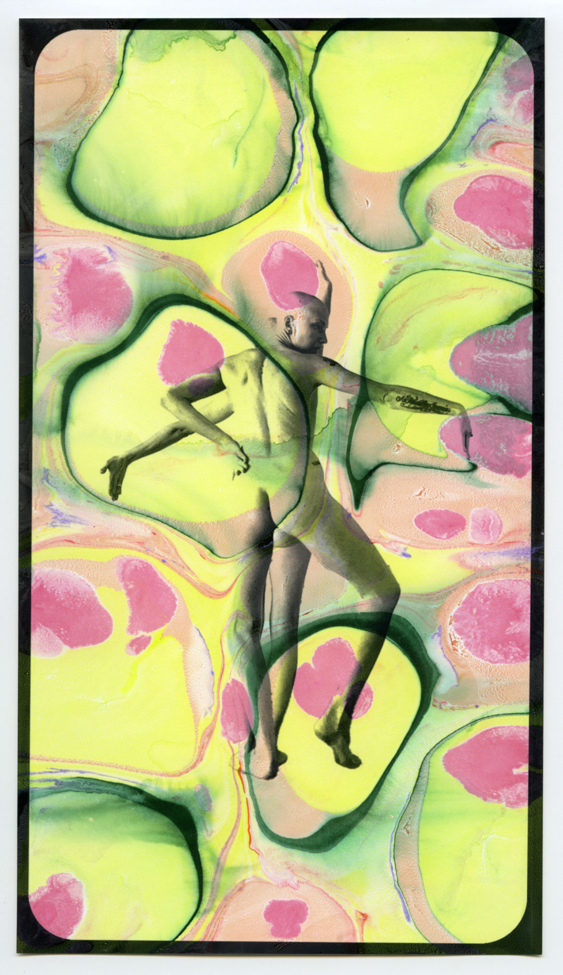 Pain Vogue/Cancer Realness. Hand dipped acrylic monoprint, inkjet photo on rag paper. 6x10 inches.