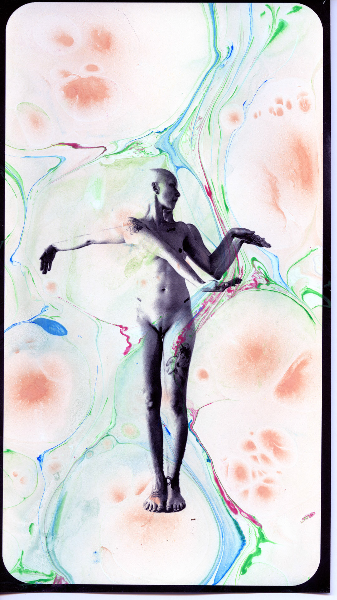 Pain Vogue/Cancer Realness. Hand dipped acrylic monoprint, inkjet photo on rag paper. 6x10 inches.