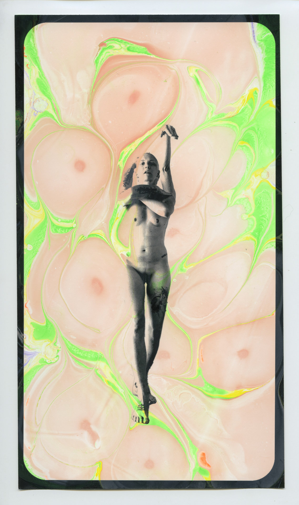 Pain Vogue/Cancer Realness. Hand dipped acrylic monoprint, inkjet photo on rag paper. 6x10 inches.
