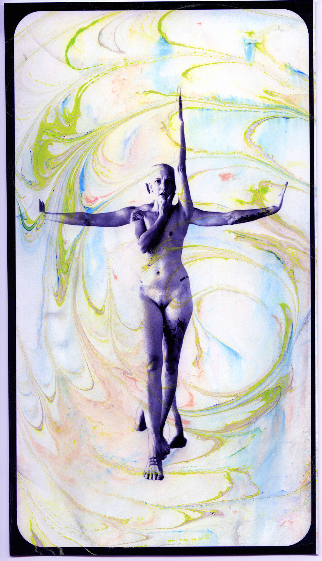 Pain Vogue/Cancer Realness. Hand dipped acrylic monoprint, inkjet photo on rag paper. 6x10 inches.