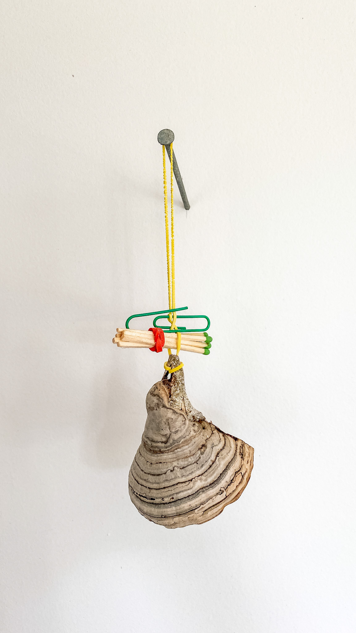 Emergency Firestarter #2 (yellow kit), 2022. Birch polypore mushroom, paperclip, matches, rubberband, hardware.  
