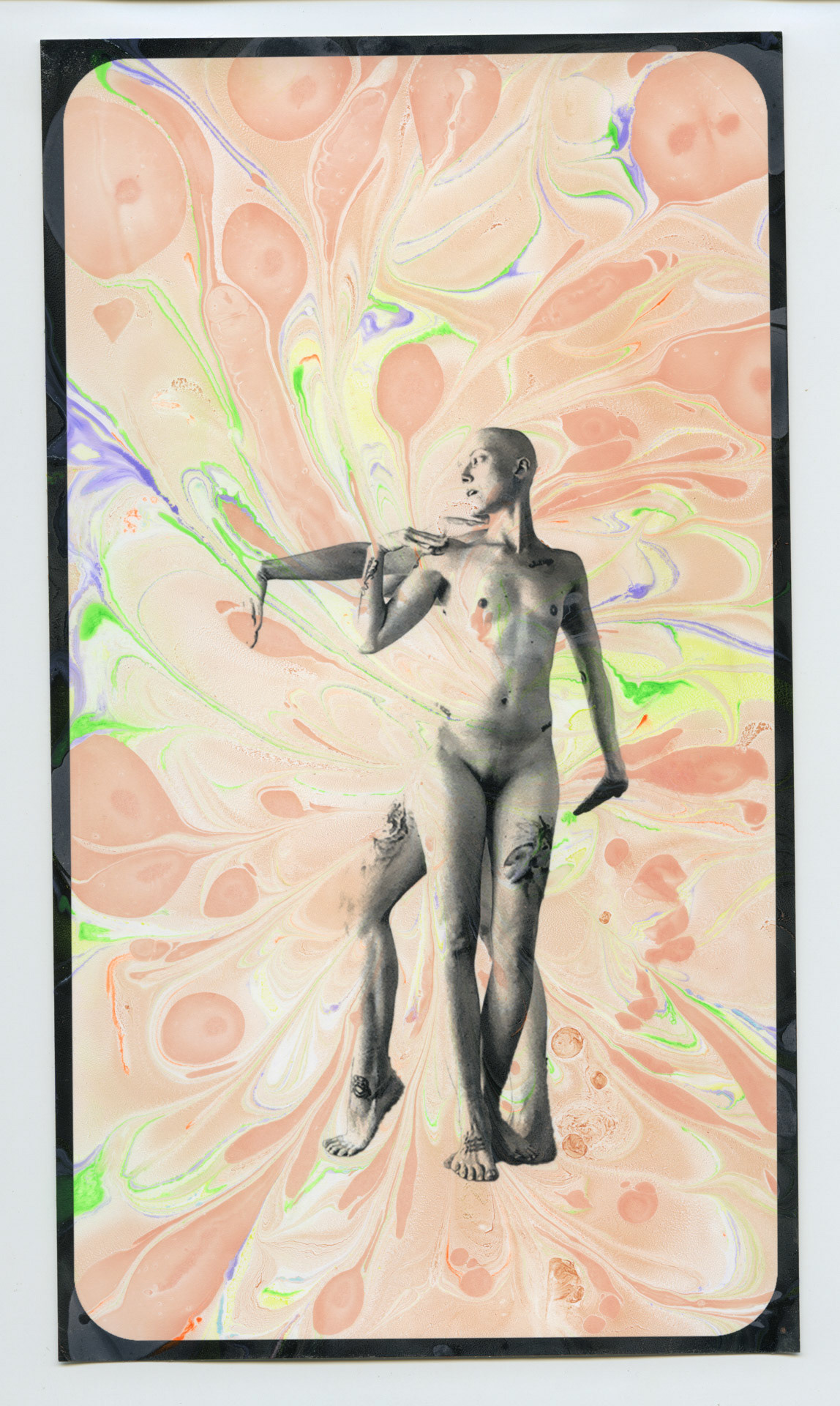 Pain Vogue/Cancer Realness. Hand dipped acrylic monoprint, inkjet photo on rag paper. 6x10 inches.