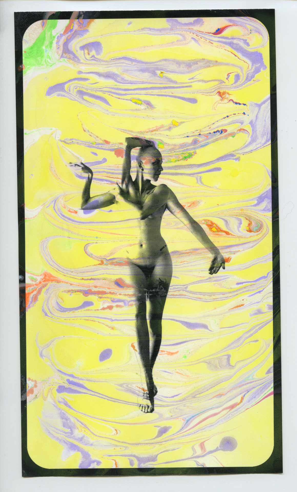 Pain Vogue/Cancer Realness. Hand dipped acrylic monoprint, inkjet photo on rag paper. 6x10 inches.