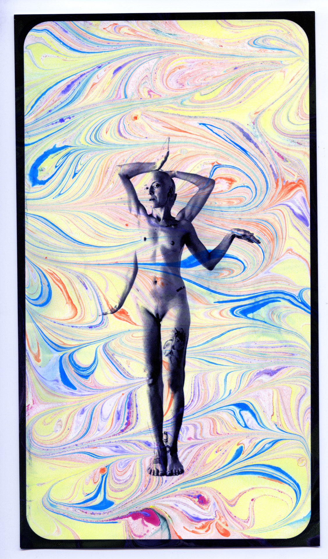 Pain Vogue/Cancer Realness. Hand dipped acrylic monoprint, inkjet photo on rag paper. 6x10 inches.