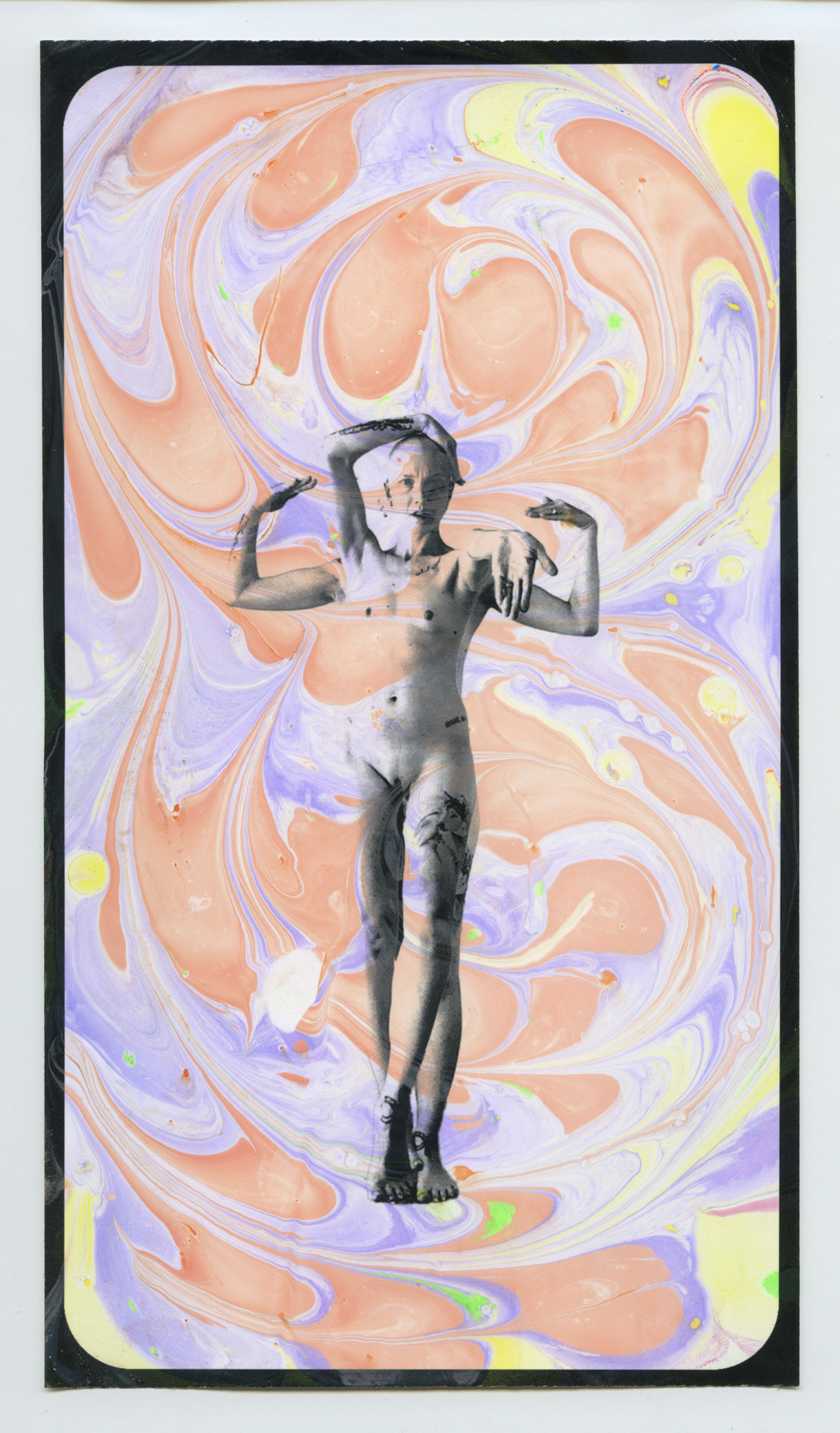 Pain Vogue/Cancer Realness. Hand dipped acrylic monoprint, inkjet photo on rag paper. 6x10 inches.