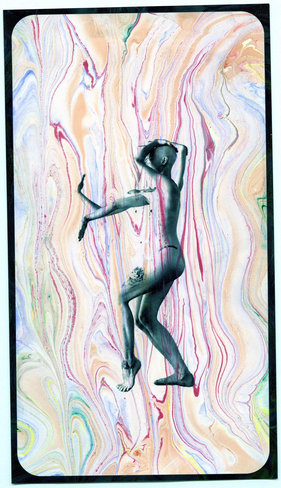 Pain Vogue/Cancer Realness. Hand dipped acrylic monoprint, inkjet photo on rag paper. 6x10 inches.