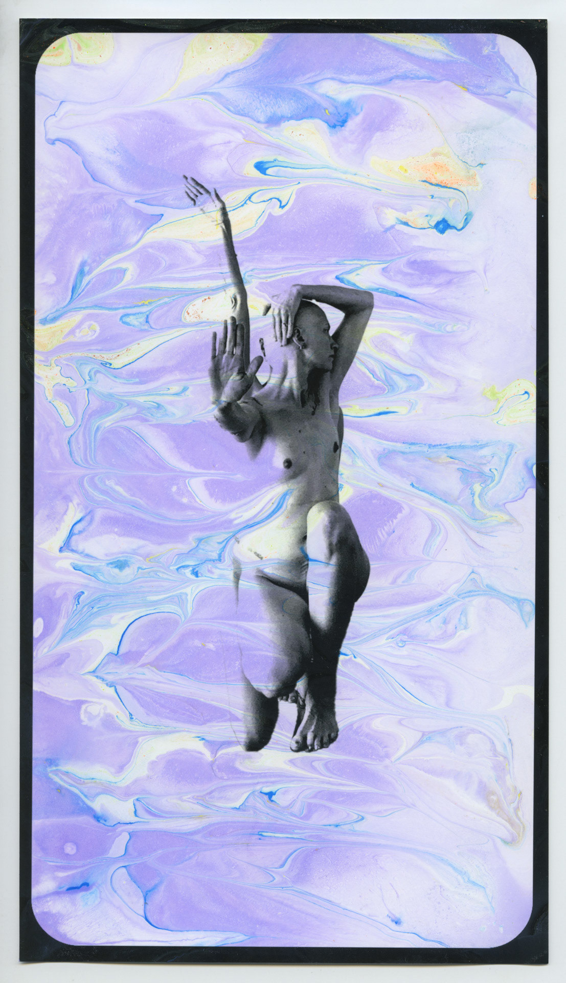Pain Vogue/Cancer Realness. Hand dipped acrylic monoprint, inkjet photo on rag paper. 6x10 inches.