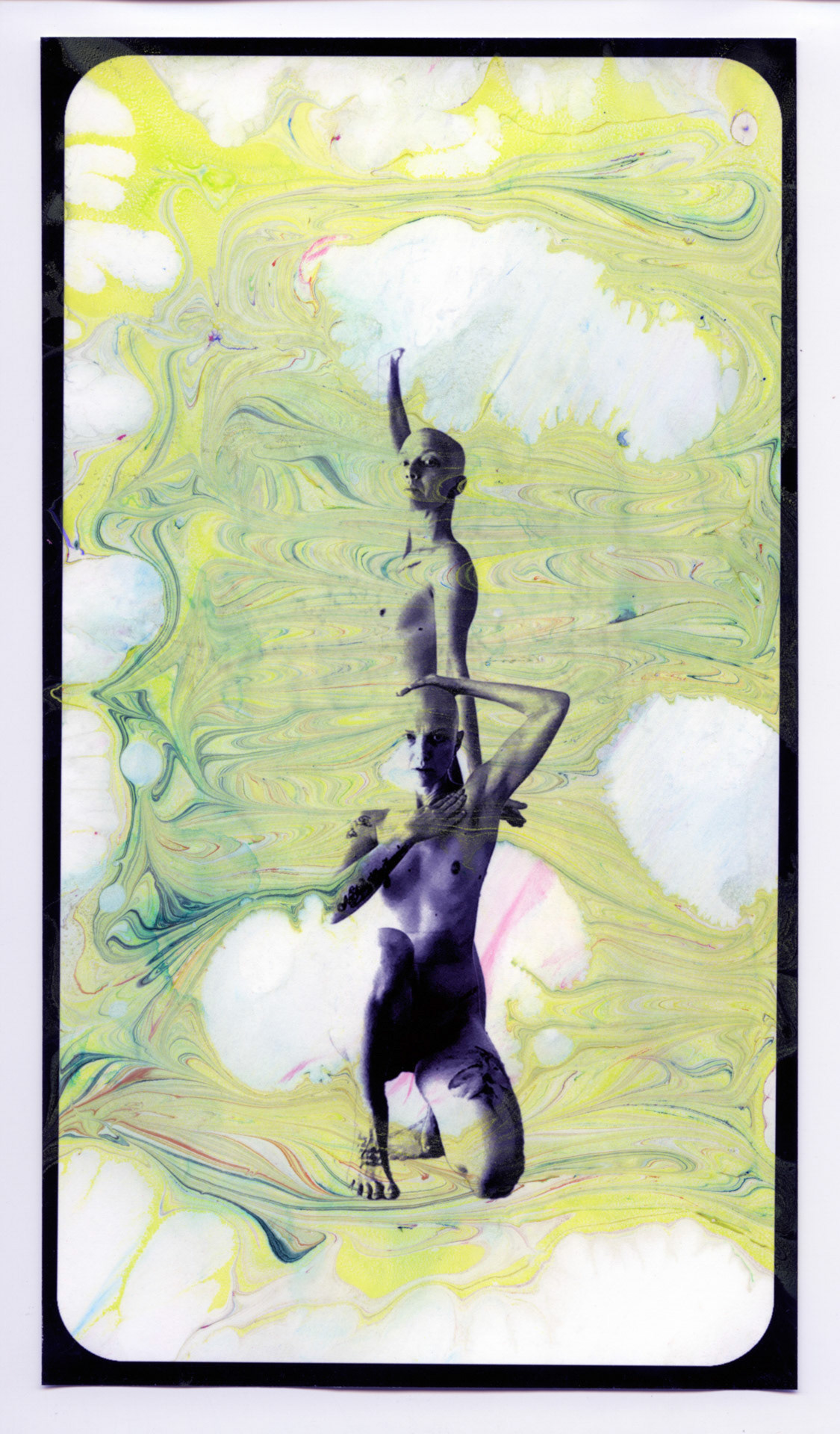 Pain Vogue/Cancer Realness. Hand dipped acrylic monoprint, inkjet photo on rag paper. 6x10 inches.