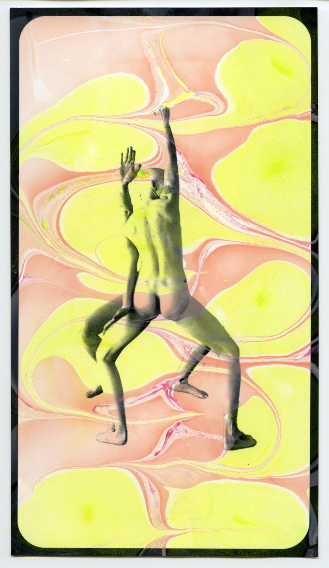 Pain Vogue/Cancer Realness. Hand dipped acrylic monoprint, inkjet photo on rag paper. 6x10 inches.