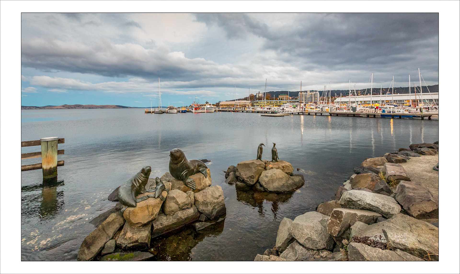 Hobart Waterfront with sculptures depicting Tasmania's link to Antarctica