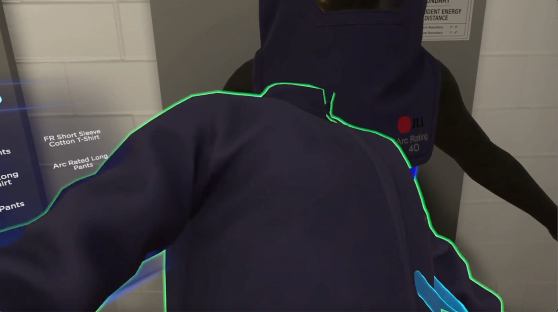 User pulls PPE item closer and releases trigger button to equip their avatar w/PPE