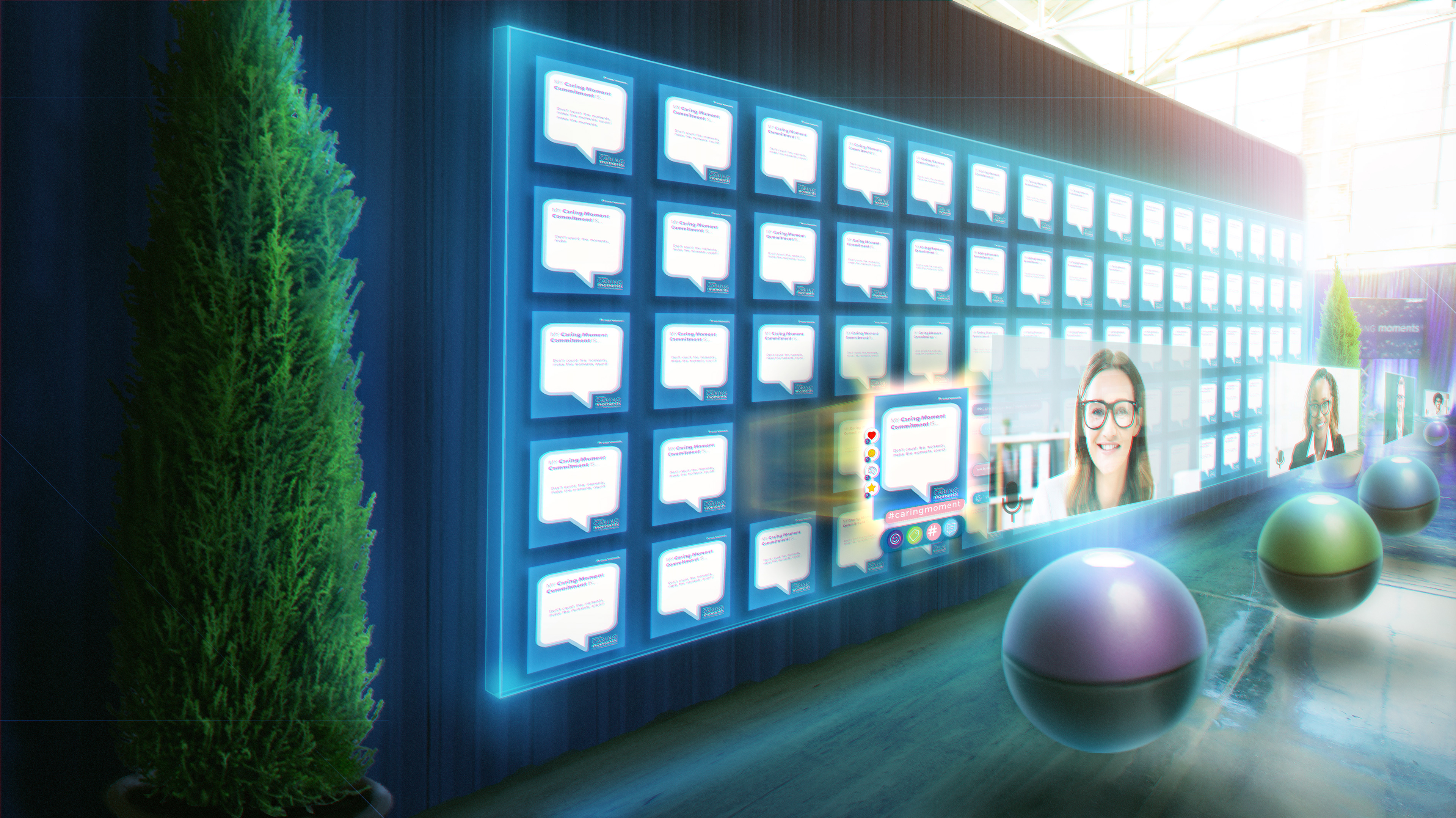 Concept Art - Participants can view and interact with their fellow participant's testimonial content created during the event, displayed on the Lobby's Gallery Wall