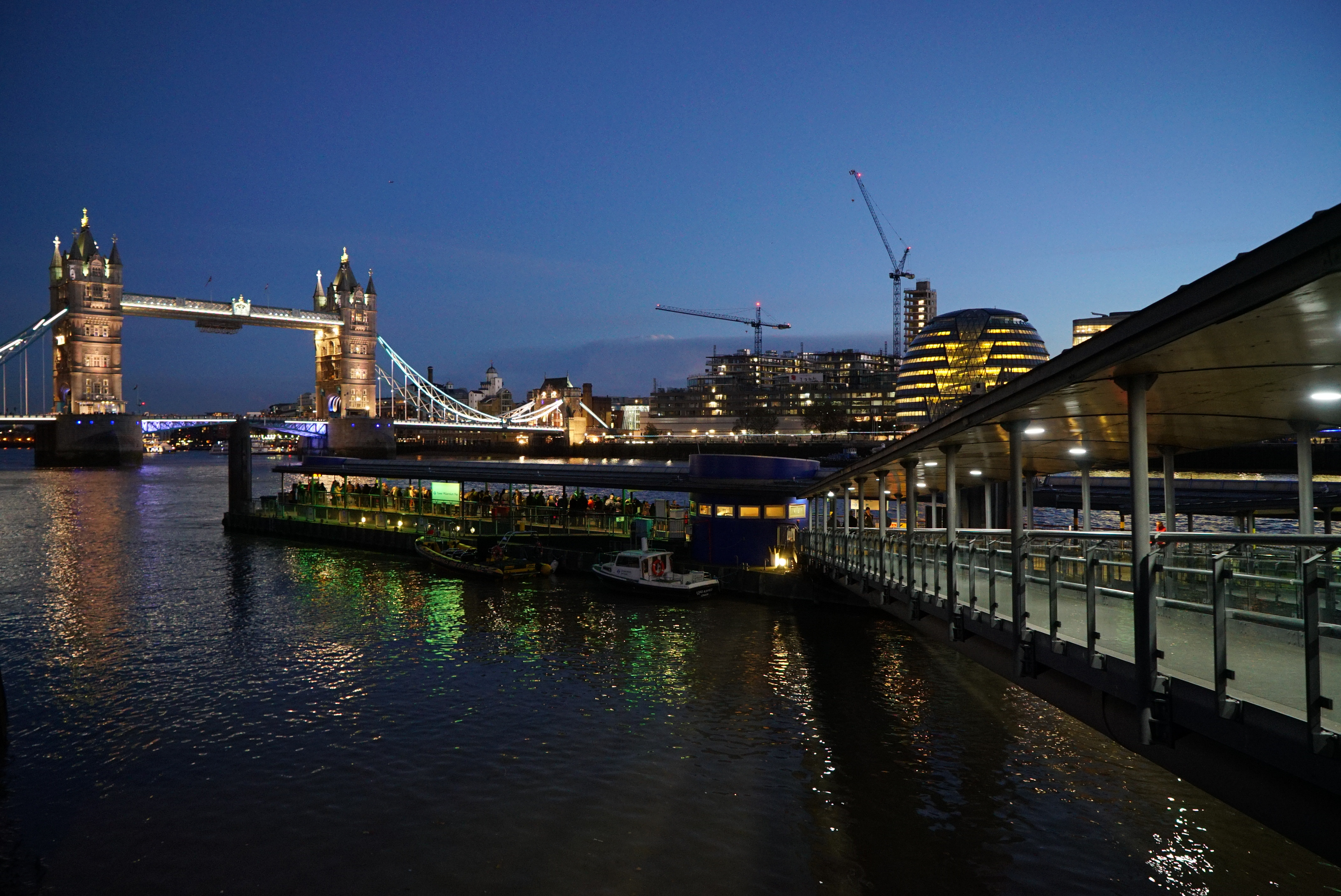 London Bridge and the city lights in England.