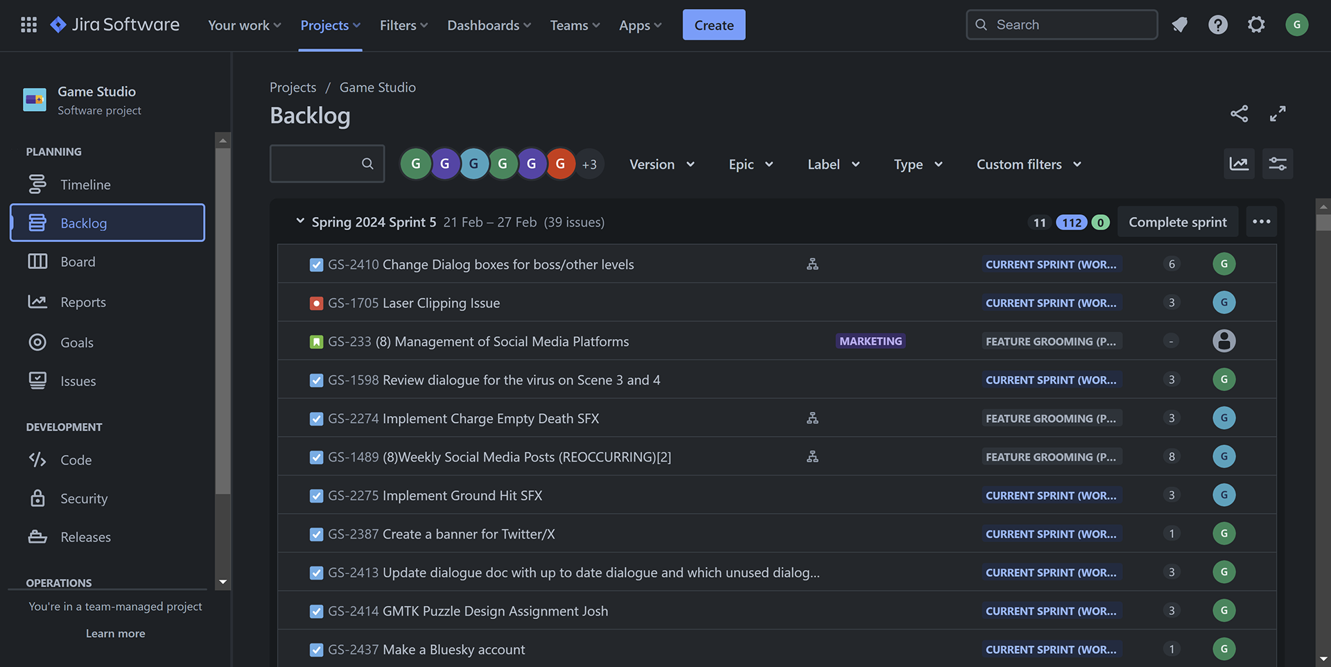 The Jira Backlog for the project