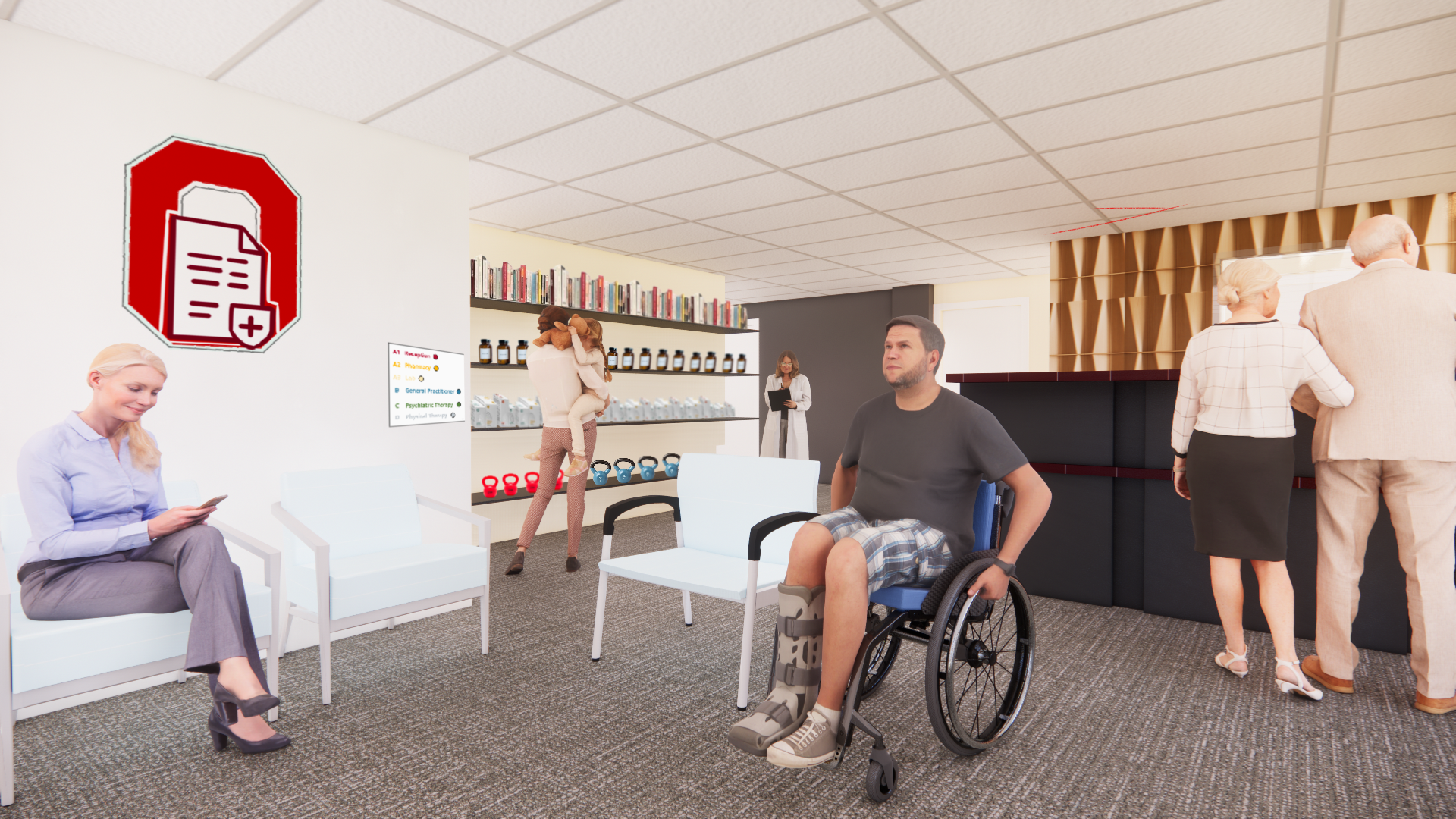 Waiting Room, Reception, and Pharmacy