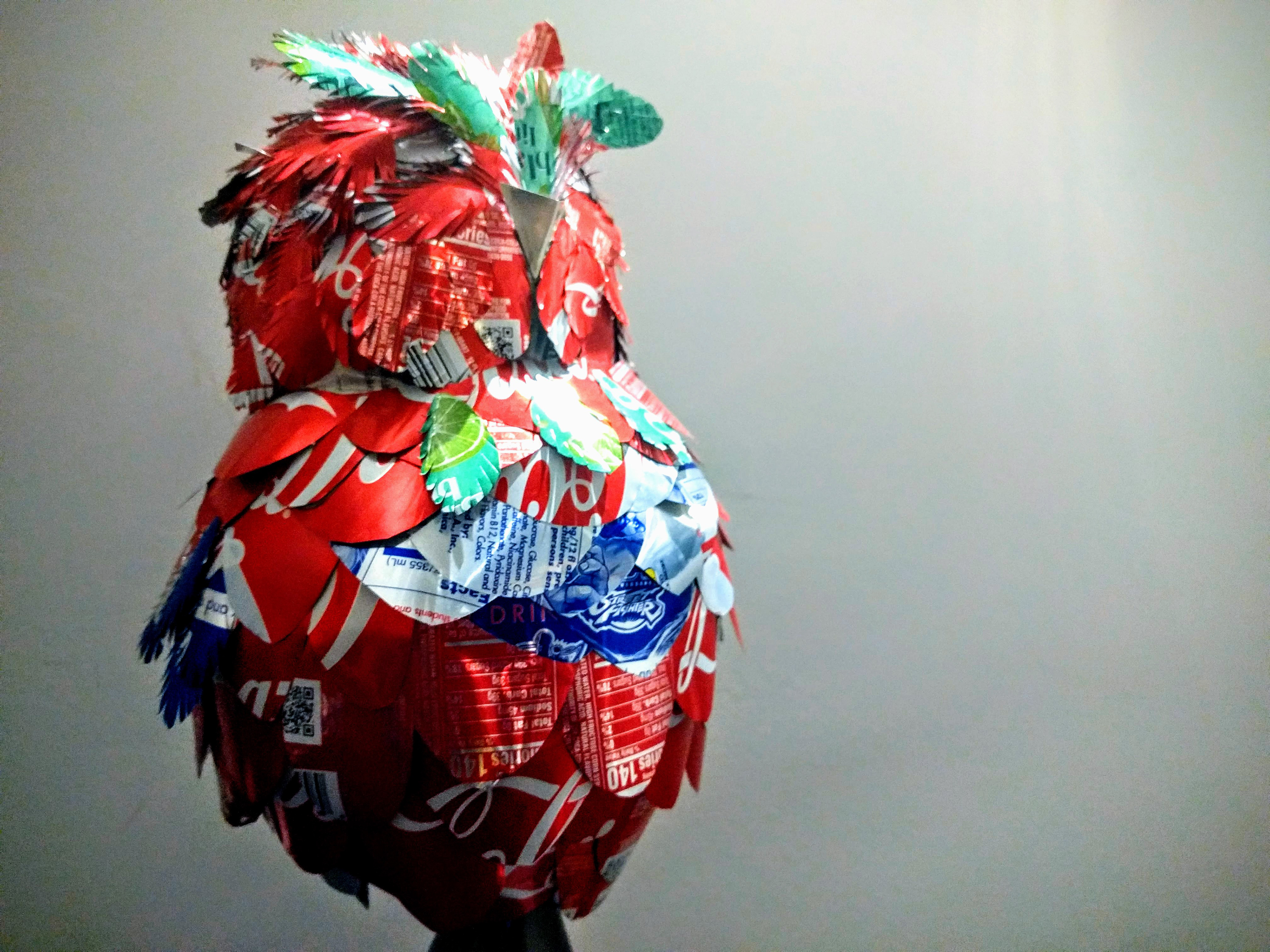 The recycled owl. After finding over 60 cans thrown about, I constructed the watchful owl- he sees you when you litter.