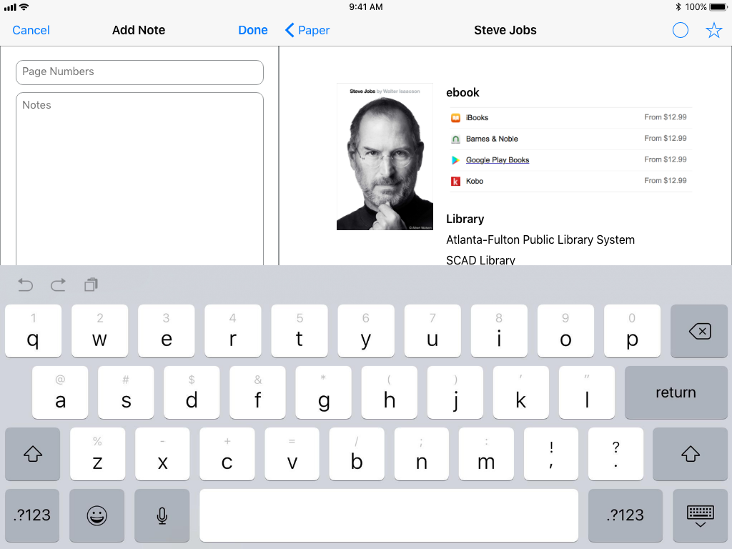 2.1i Add Note: After tapping on the add note button, a field is presented that lets the user add the page number and their notes about the book.