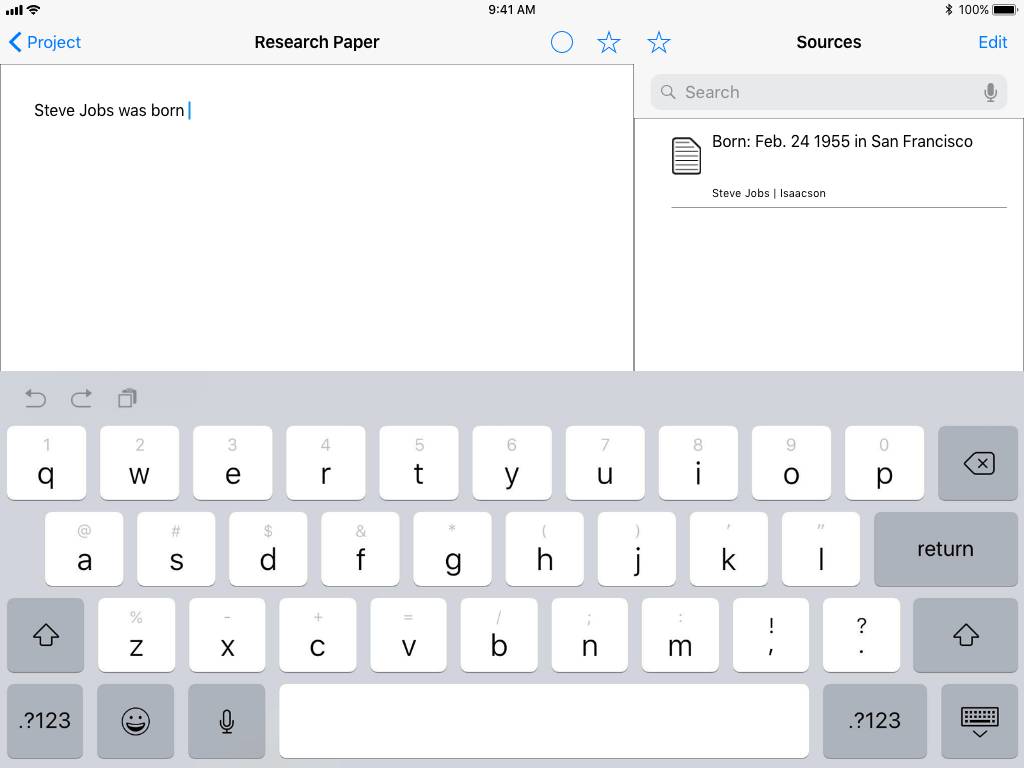 4 Start Writing: Illustrates that as a user starts typing the list of source filter down the most relevant sources.