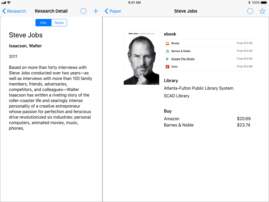 2.1a Book Detail (info): On the book page, the main content is a list of place where you can find the full text (ebook, Libraries, and stores). The side bar has gener- al info about the book. The plus button adds a note about the book