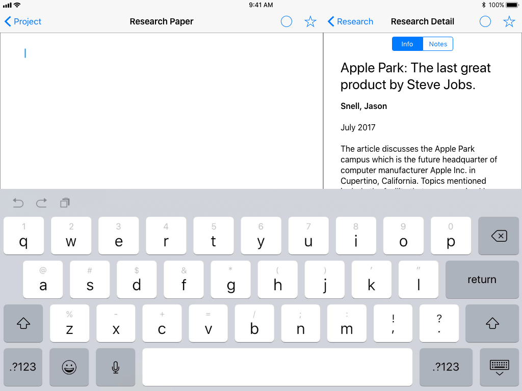3.1a Article (info): Shows accessing info on an article in the writing mode.
