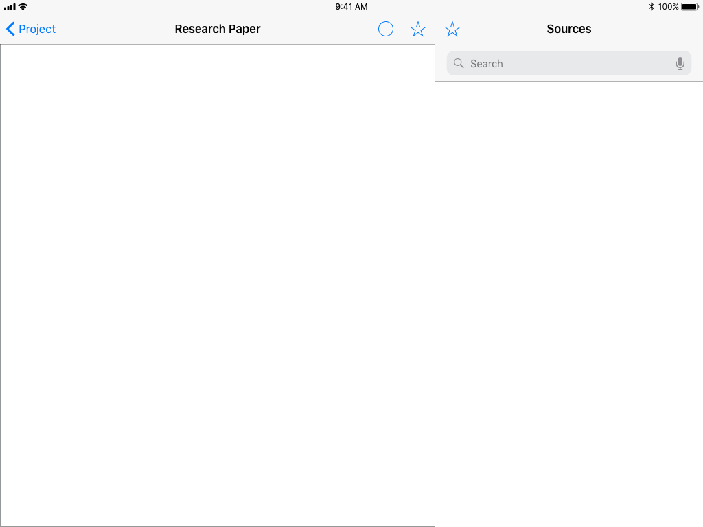 1 Empty project field: After a new project has been created with no content. Tapping the search bar leads to a search of different databases, tapping the empty paper begins writing the paper.