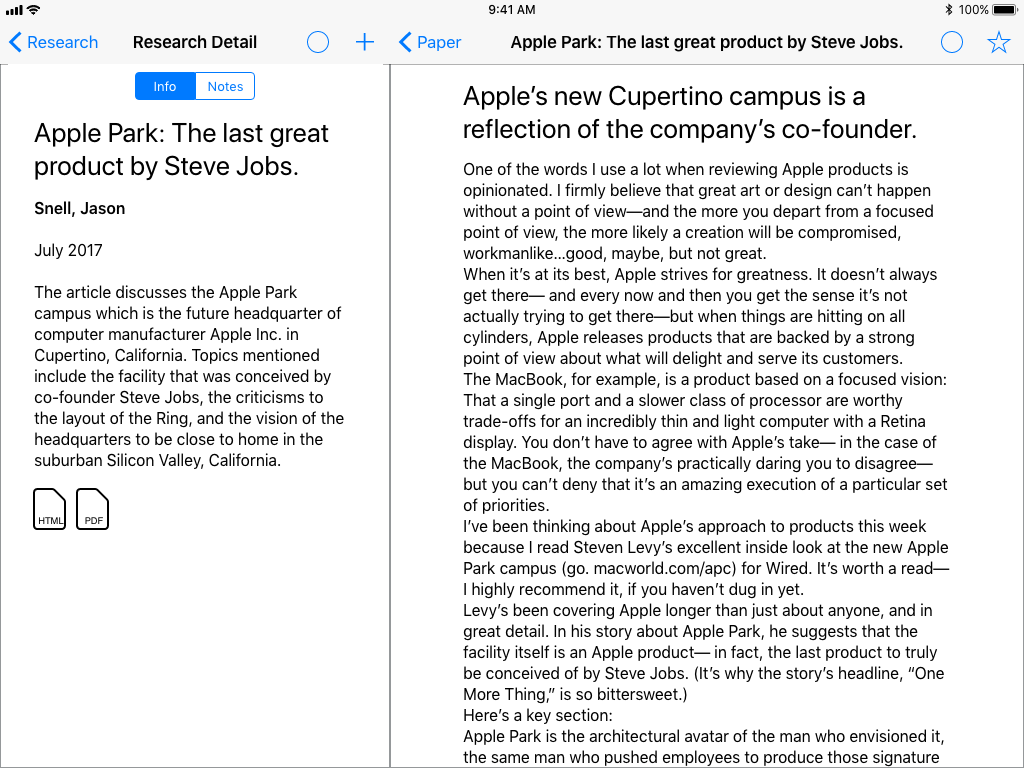2.2a Full Text (info): For articles where the full text is available. Showing the info sidebar. Highlighting text, or tapping the plus button adds contents to notes