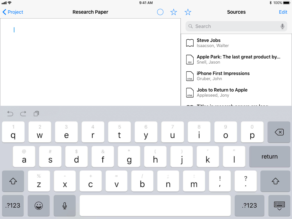 3 Empty Writing Field: In writing mode with an empty paper. The side bar shows a collection of sources that the user has added.