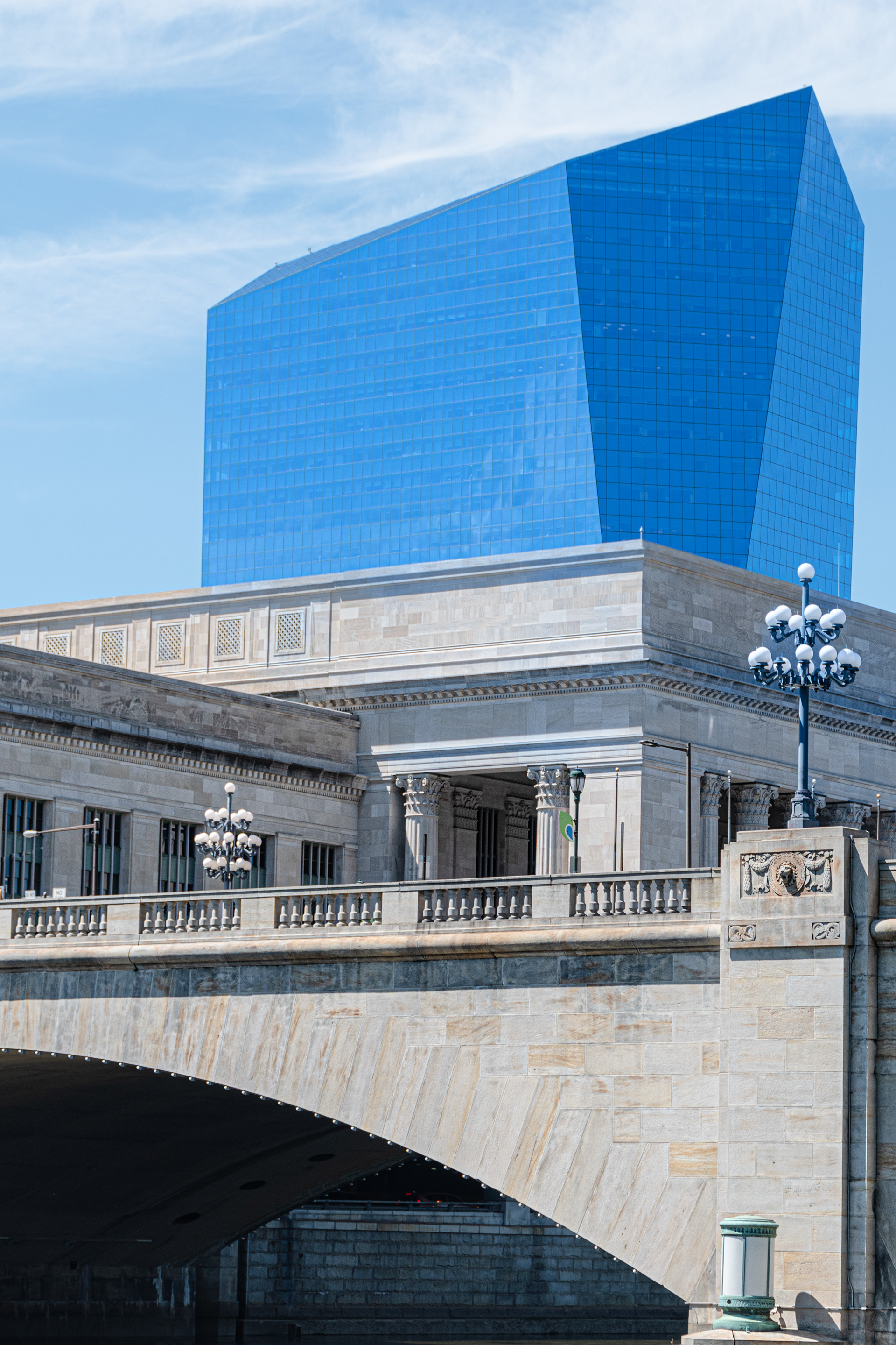 Contrasting Architectural Styles View of Cira Center - 30th Street Station - Market Street Bridge from Schuylkill River Trail