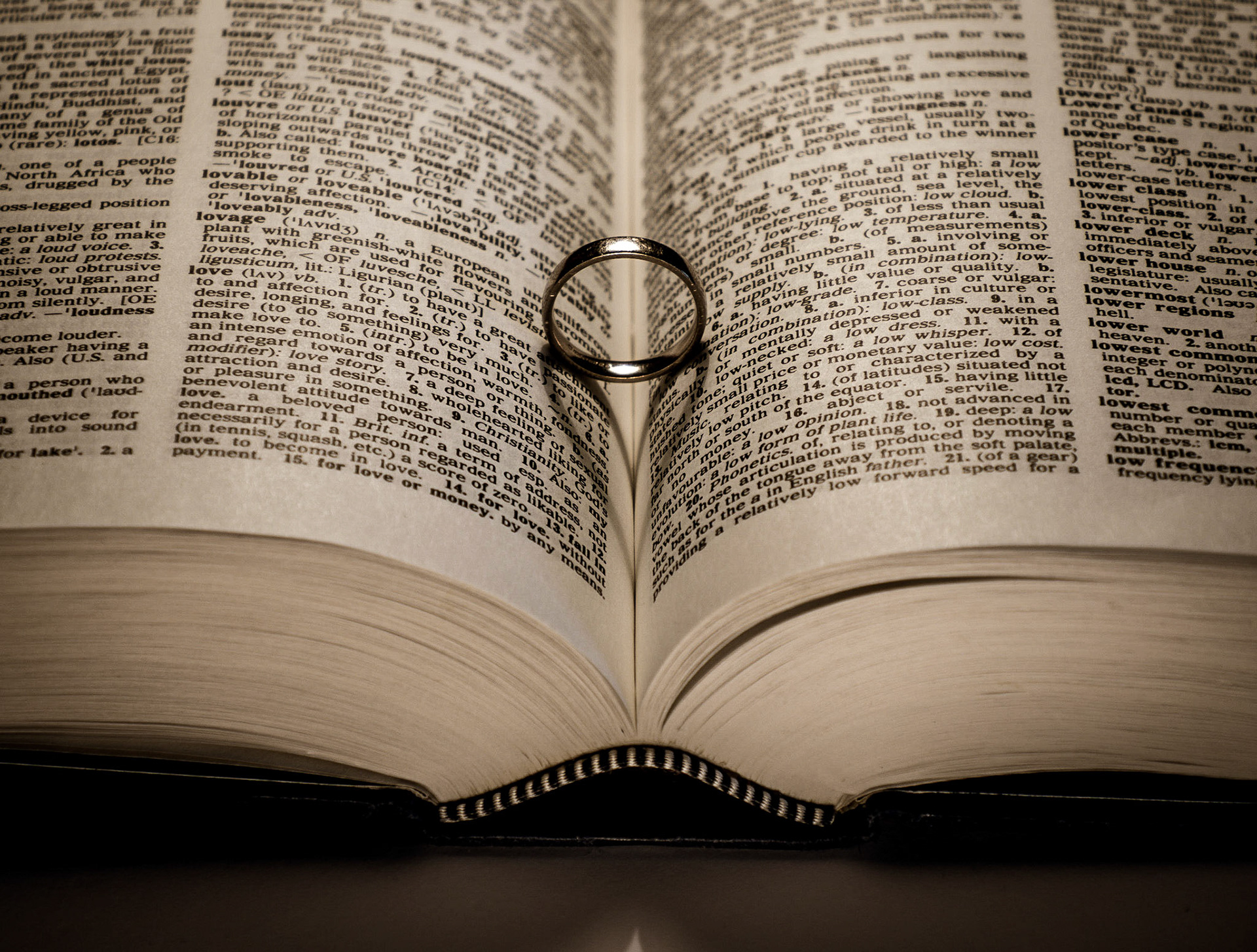 A wedding ring sits in the crease of a dictionary, creating a heart shadow next to the definition of the word love