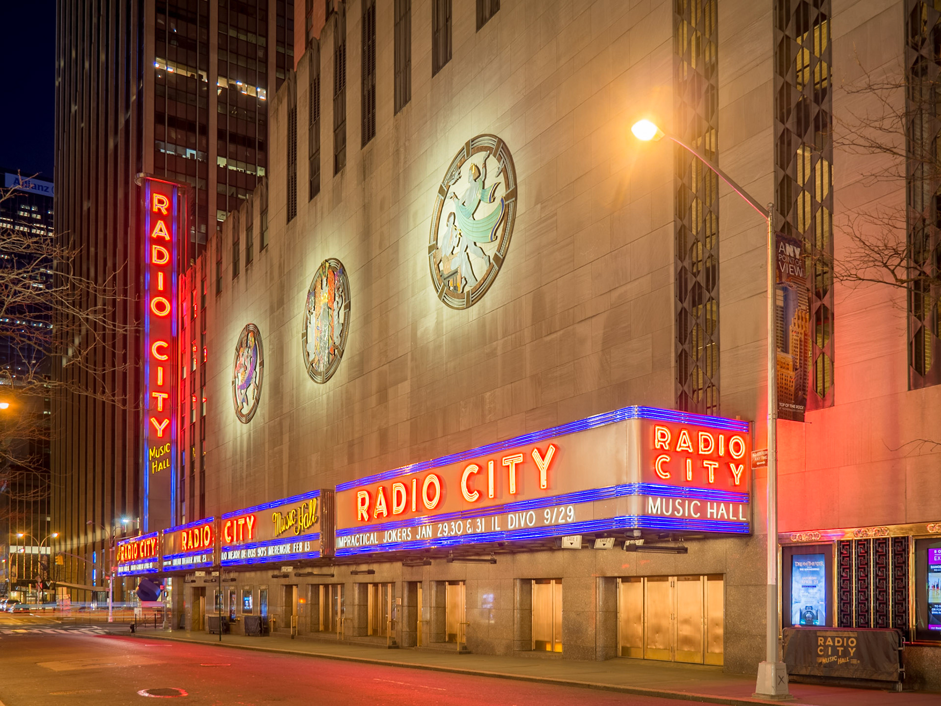The neon lights of Radio City Music Hall in Manhattan, New York