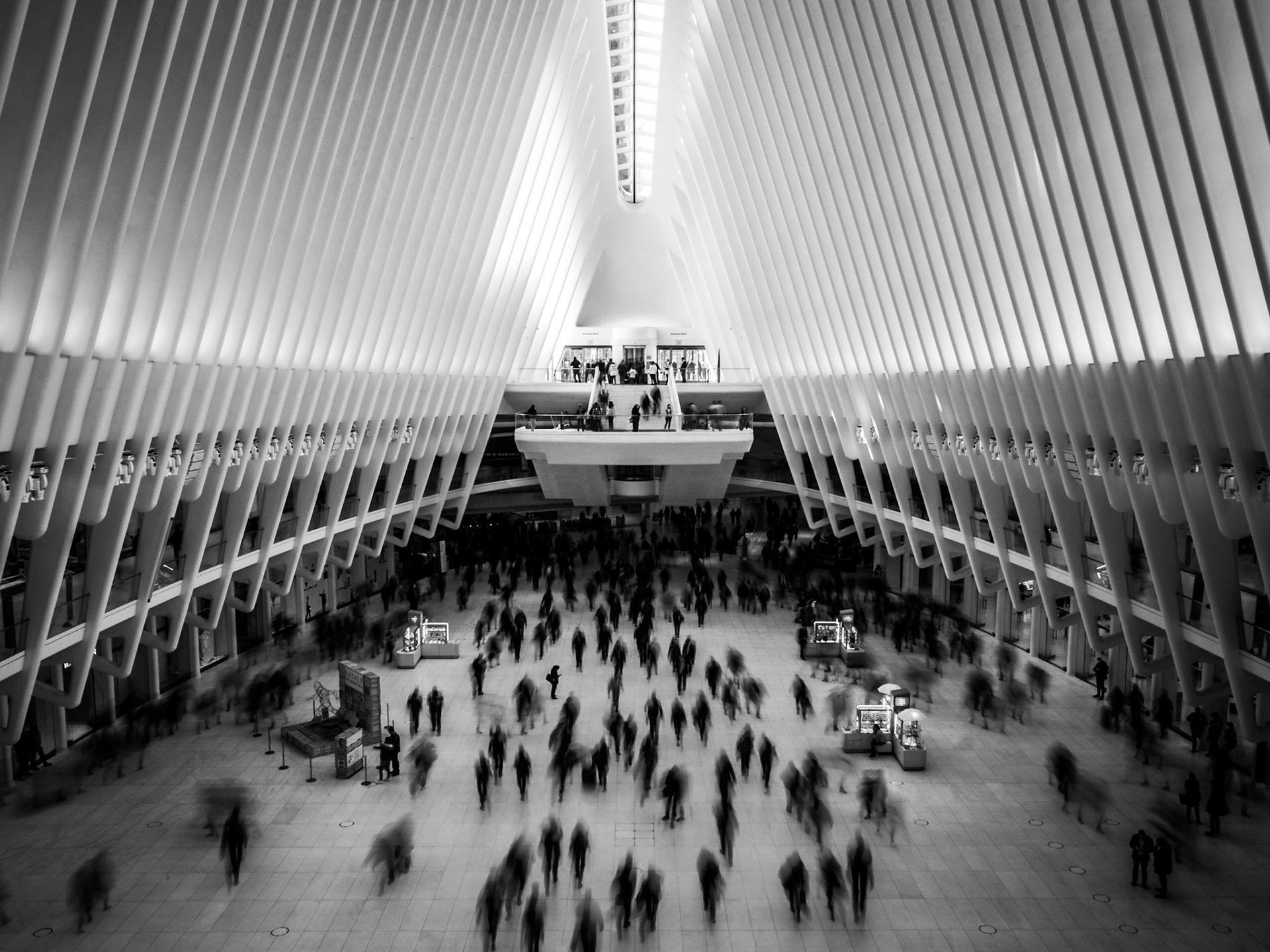 Frenetic shoppers pass under the vaulted roof of the Oculus Center in Lower Manhattan, New York