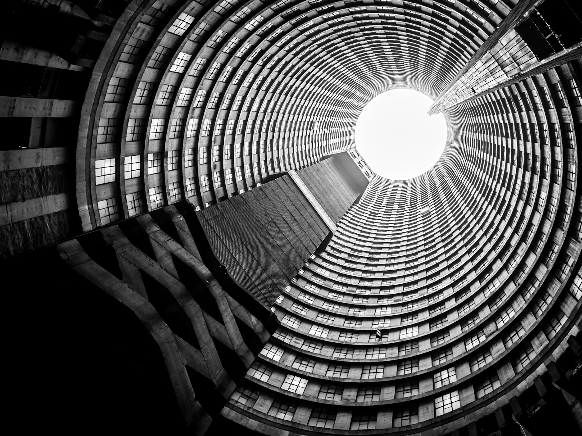 The sun shines down into the huge core of the Ponte City building in the central business district of Johannesburg