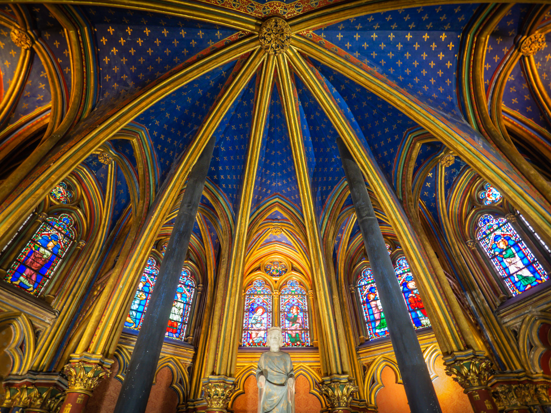 The vivid blue ceiling of the under-chapel in Paris' Saint Chapelle