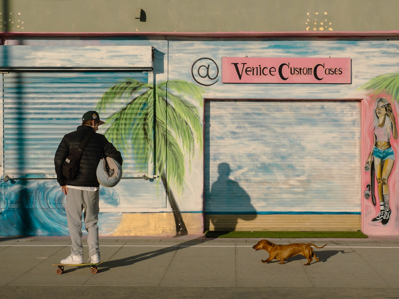 A dog tries to keep up with his skateboarding-owner as the walk up the boardwalk of Venice Beach