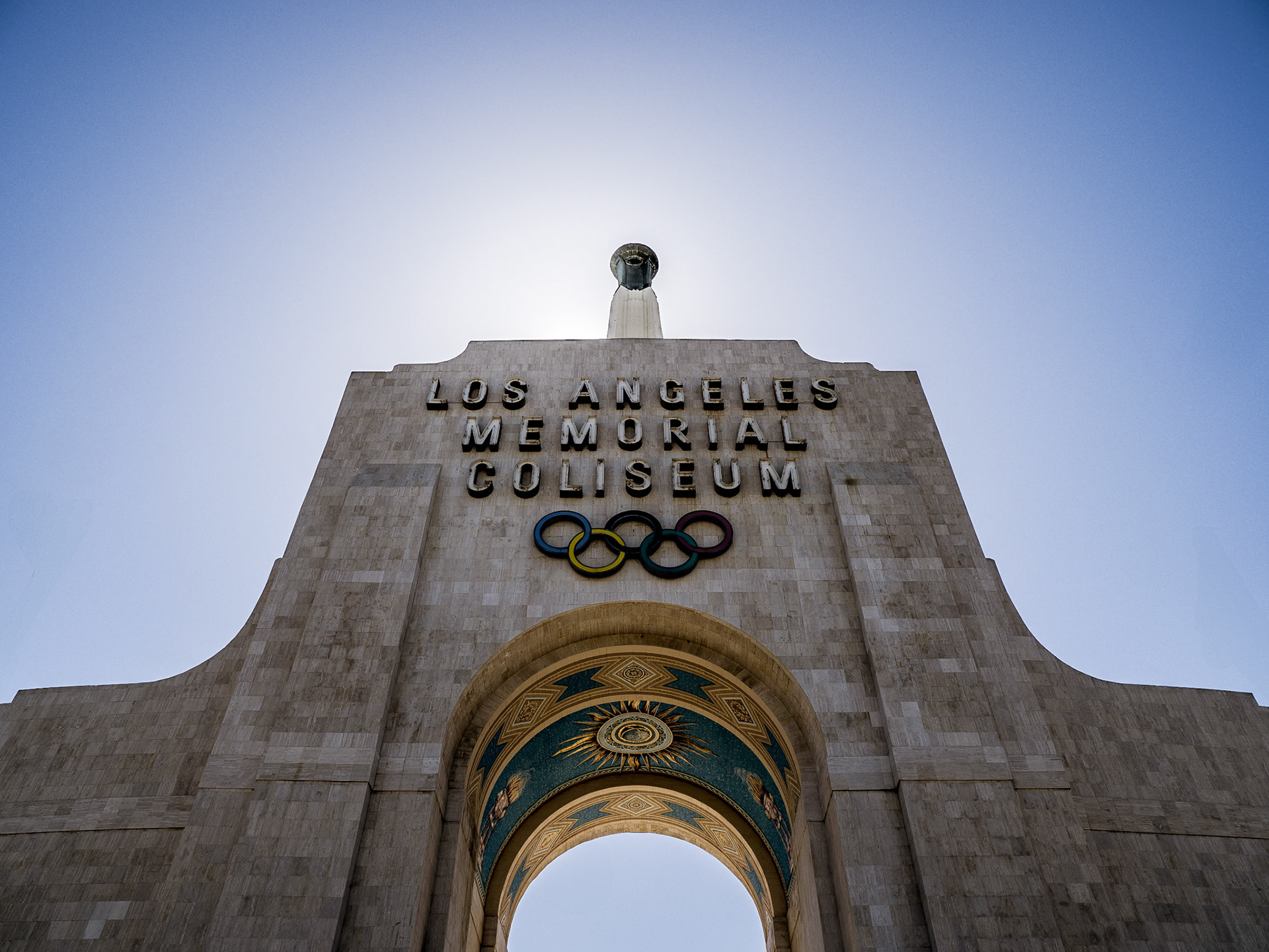 The main archway entrance to the Memorial Coliseum in Los Angeles