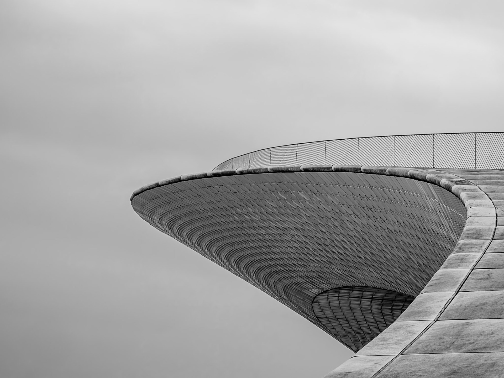 Clean monochrome lines define the futuristic profile of Lisbon’s riverside architecture