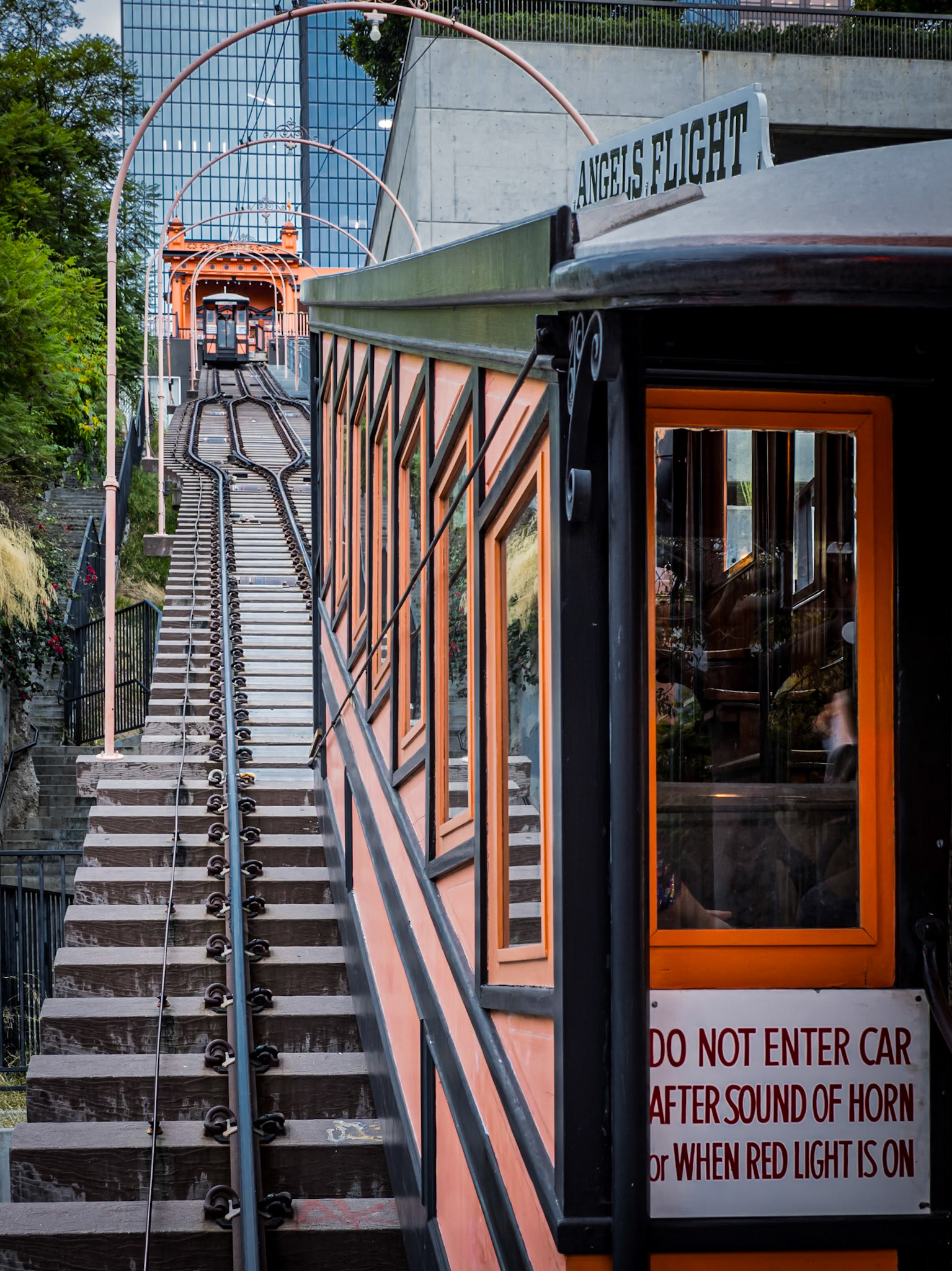 Restored cars ferry passengers up and down Angels Flight funicular railway in downtown Los Angeles