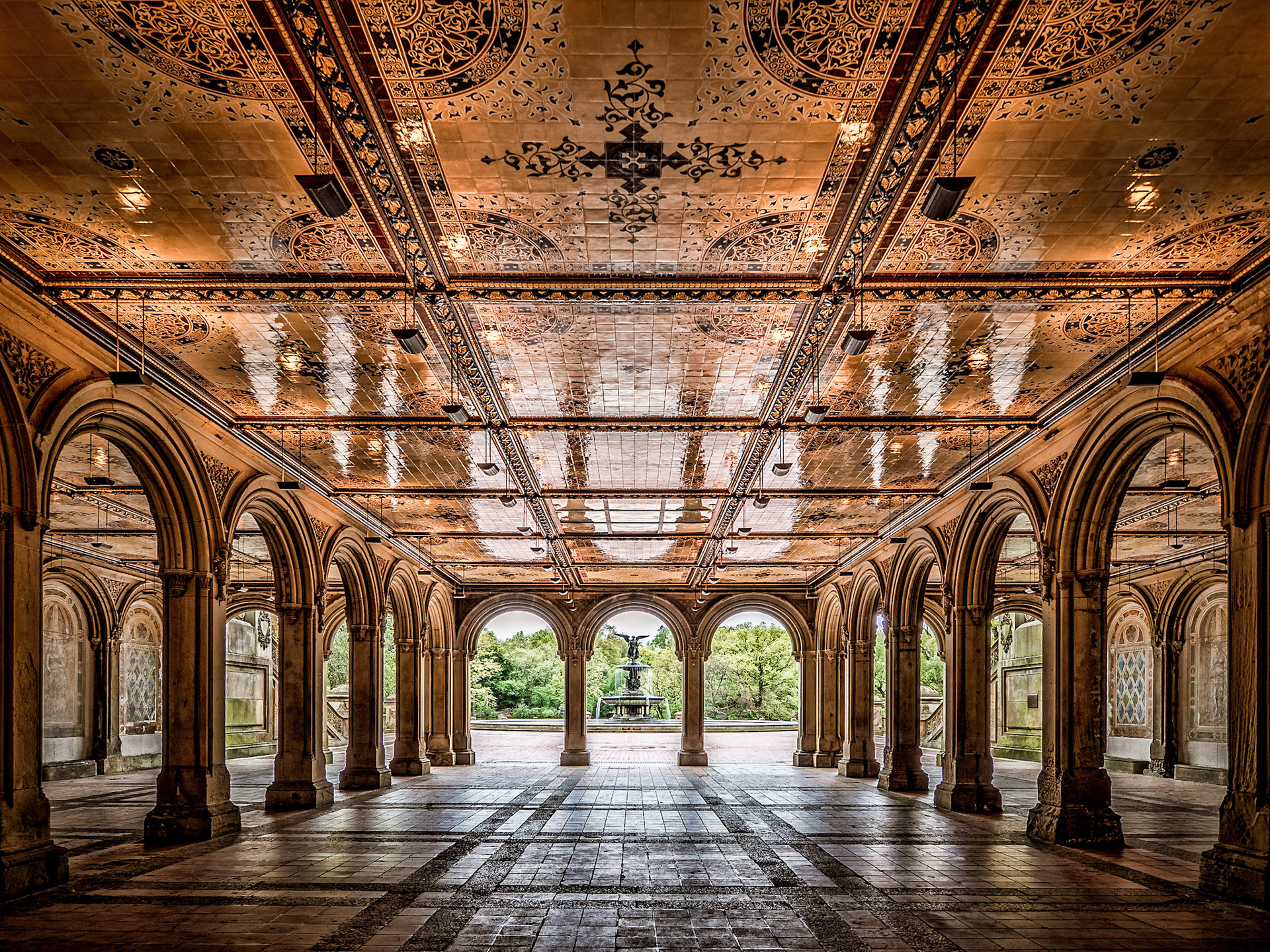 An eerie Bethesda Arcade stands empty before tourists arrive in Central Park, New York