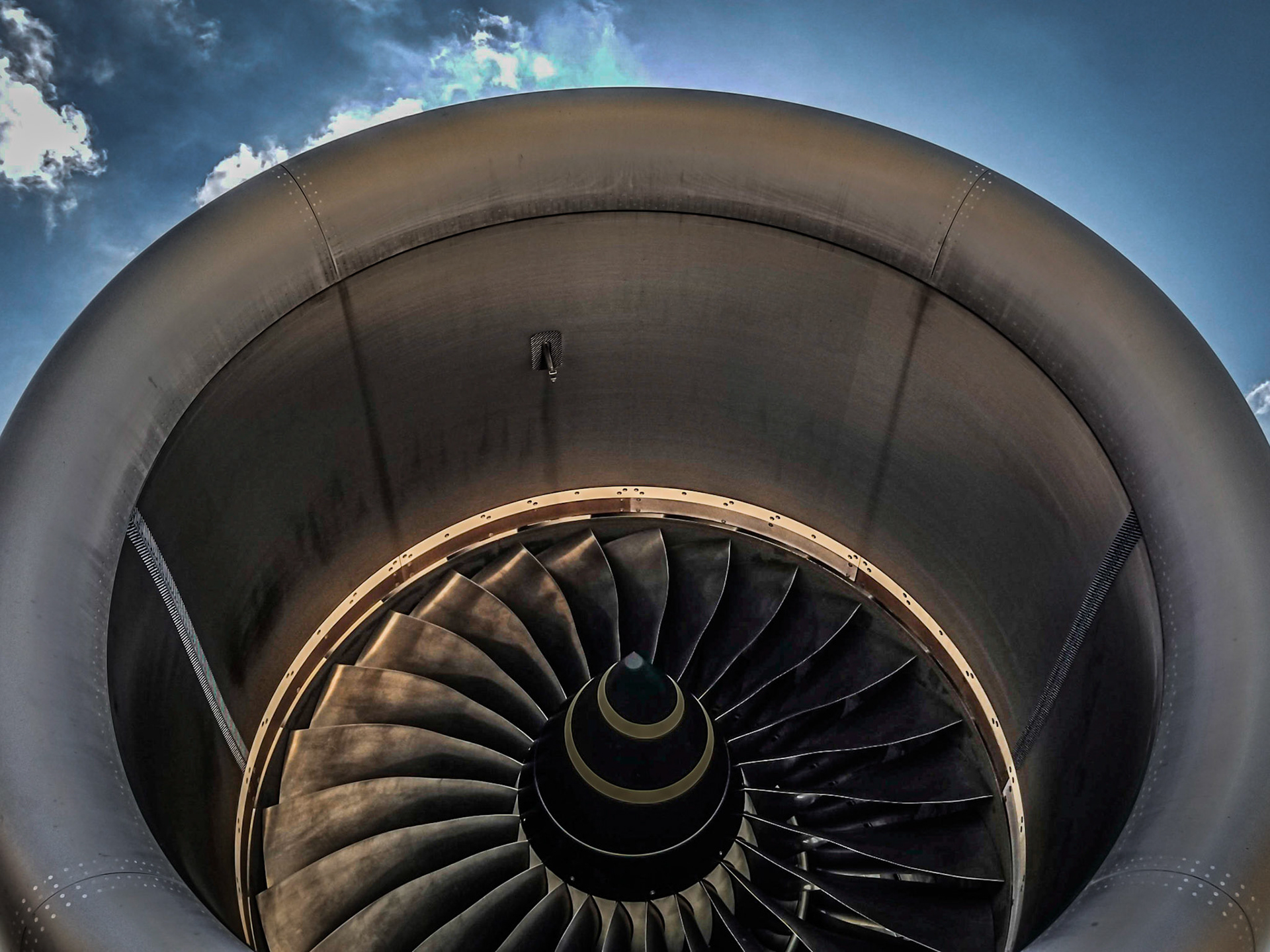 The fan blades of a Trent 500 engine on an Airbus A340-600 airliner at London's Heathrow airport