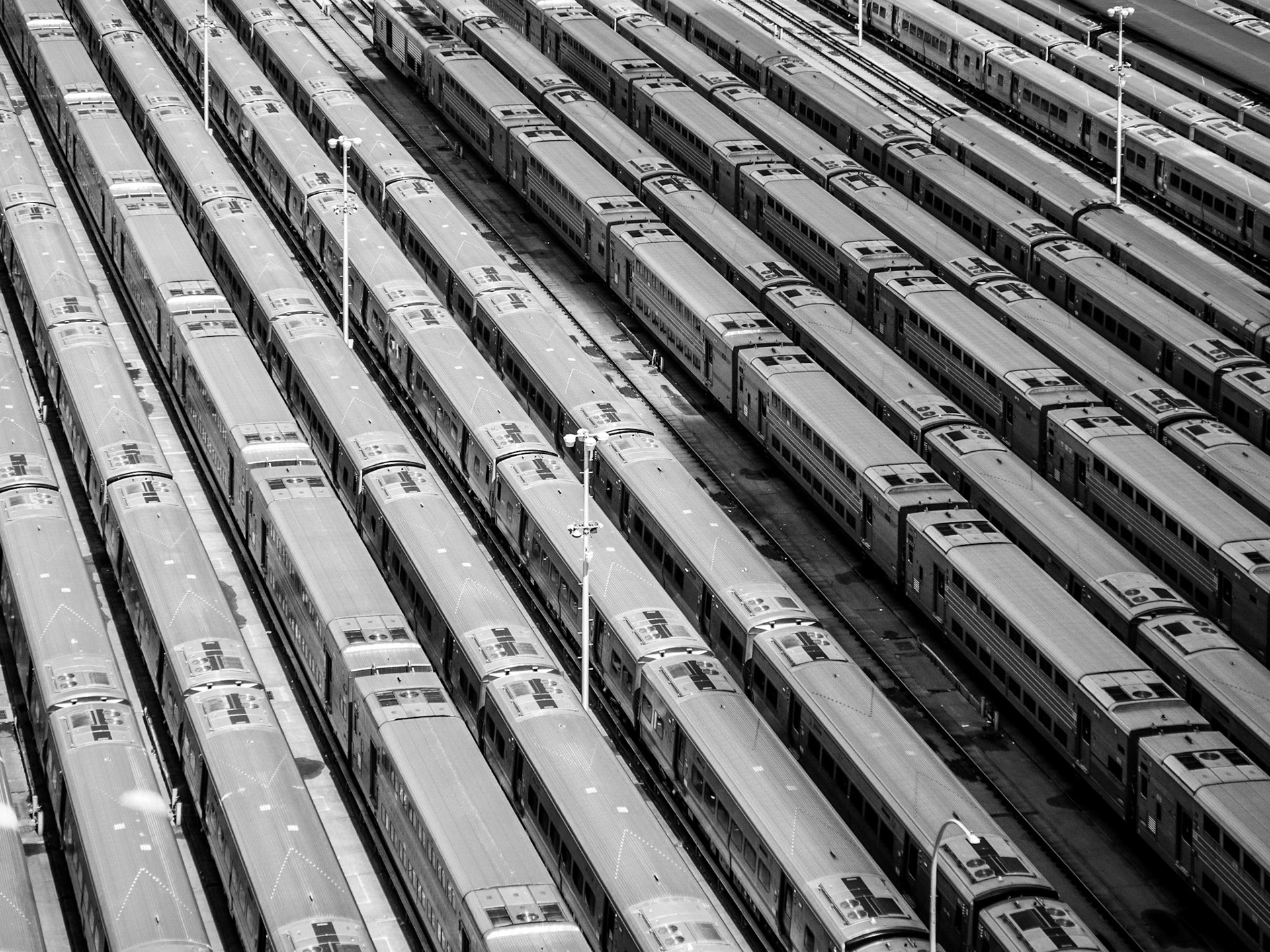 Carriages of the Long Island Railroad wait for the next rush-hour in the regenerated Hudson Yards district of Manhattan, New York