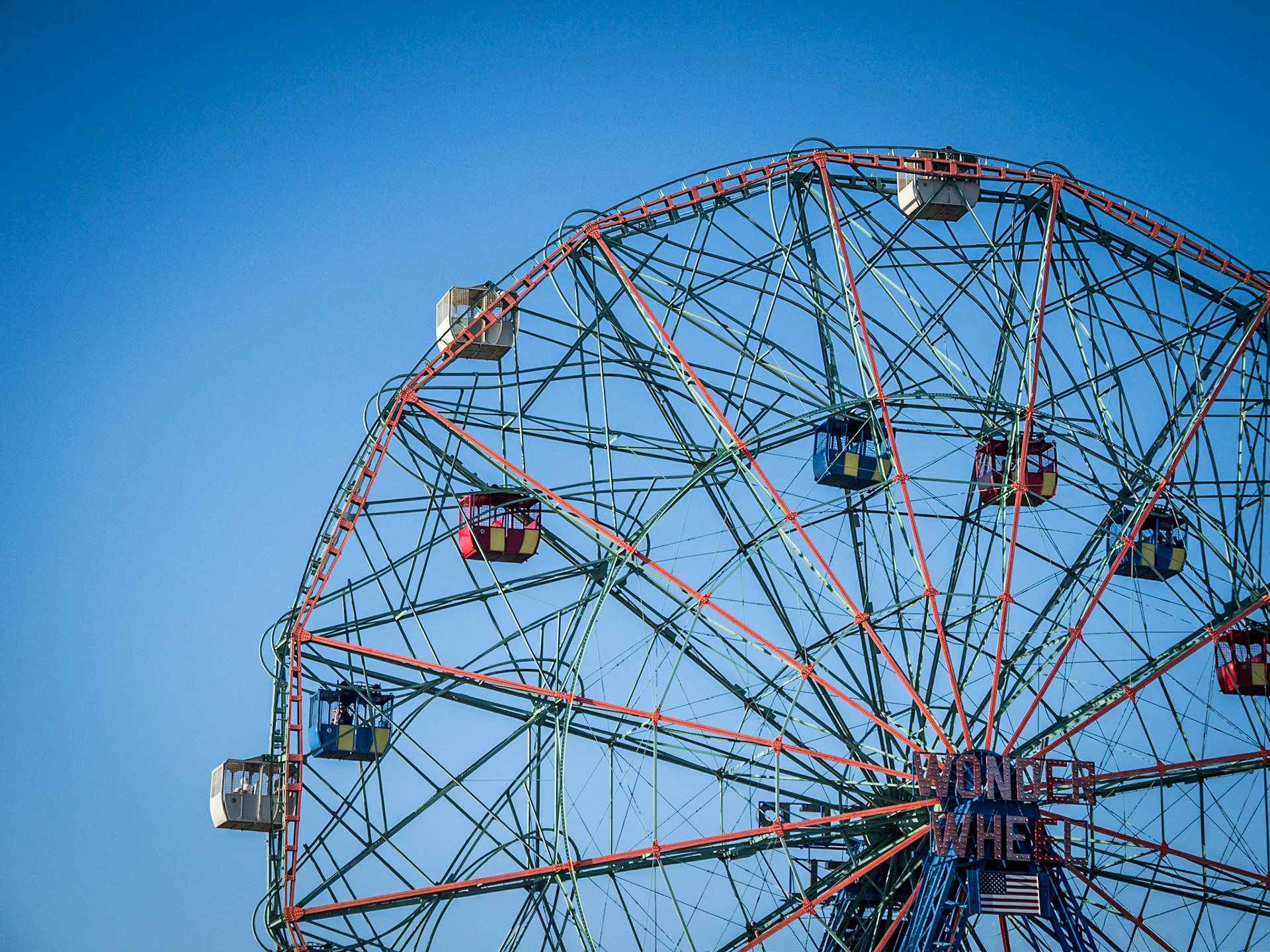 Colourful cabins dangle from the frame of the iconic Wonder Wheel in New York's Coney Island