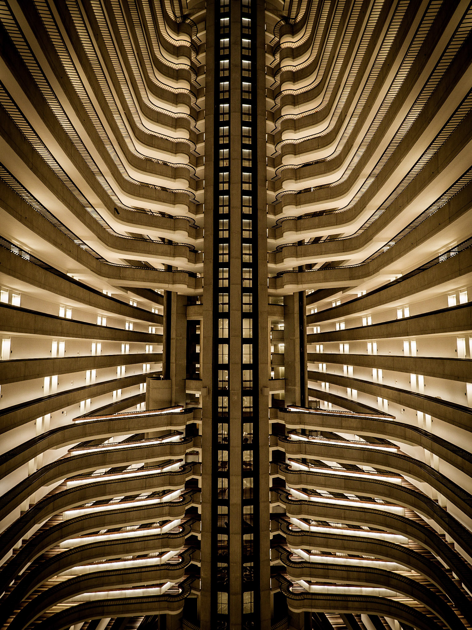 Multiple levels of the Marriott Marquis in Atlanta, together forming unique patterns